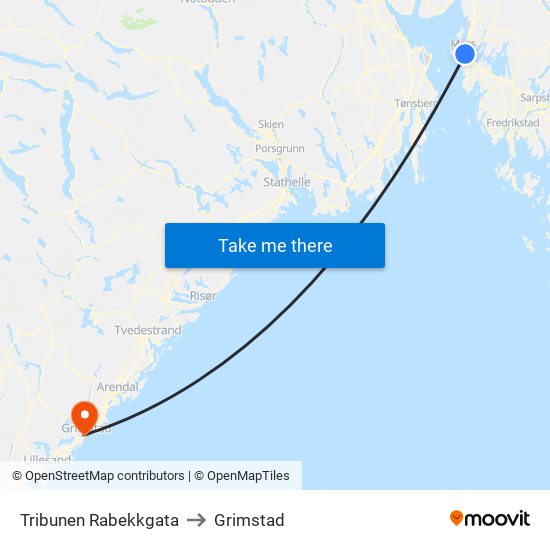 Tribunen Rabekkgata to Grimstad map