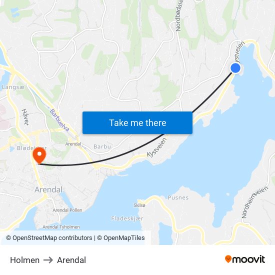Holmen to Arendal map