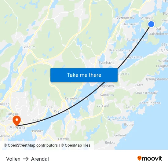 Vollen to Arendal map