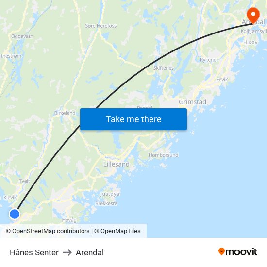 Hånes Senter to Arendal map