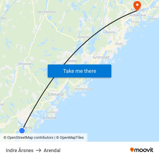 Indre Årsnes to Arendal map