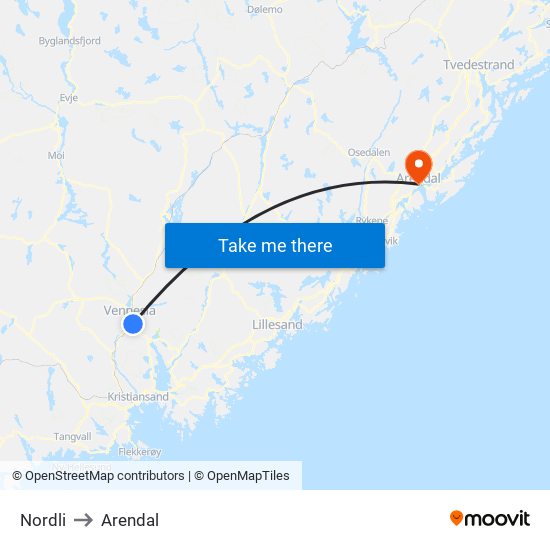 Nordli to Arendal map