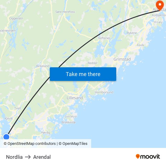 Nordlia to Arendal map