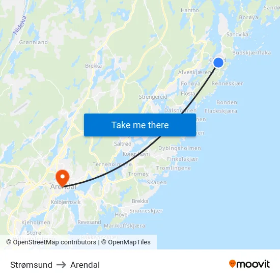 Strømsund to Arendal map