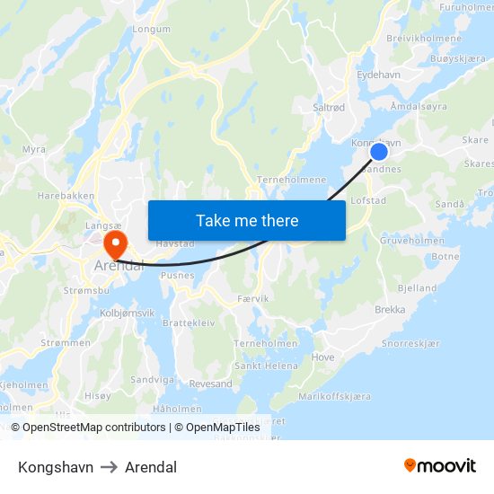 Kongshavn to Arendal map