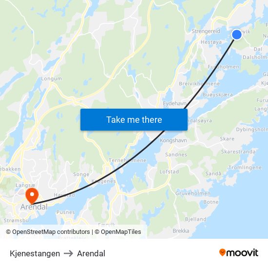 Kjenestangen to Arendal map