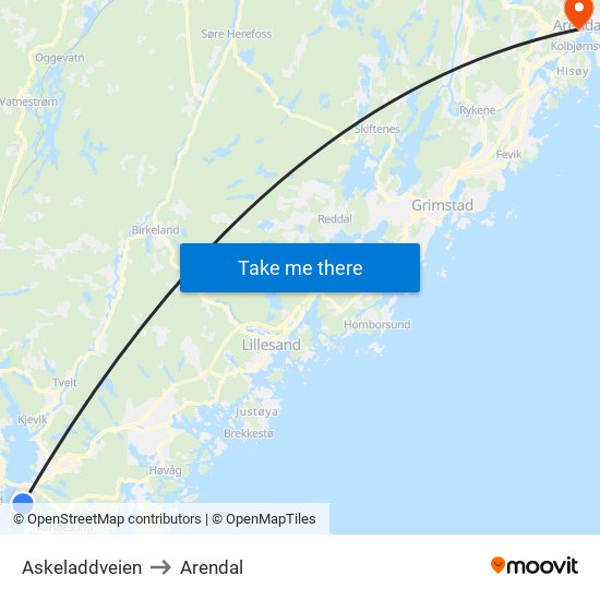 Askeladdveien to Arendal map