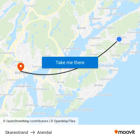 Skarestrand to Arendal map