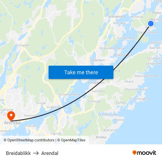 Breidablikk to Arendal map