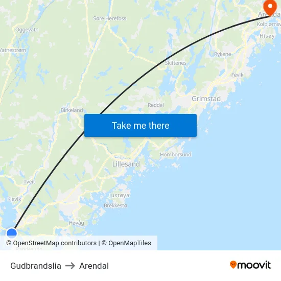 Gudbrandslia to Arendal map