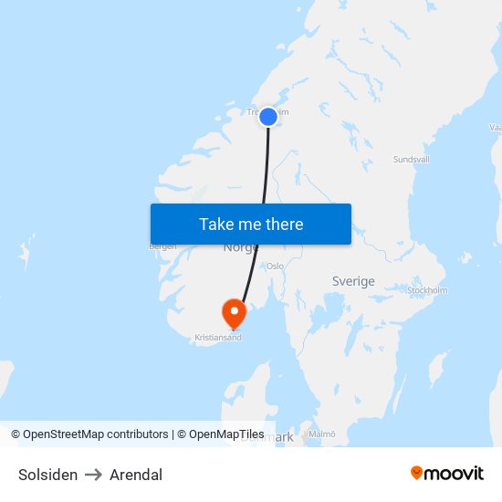 Solsiden to Arendal map