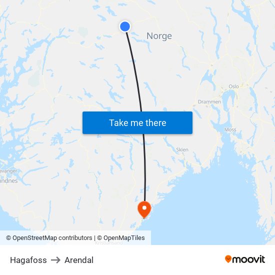 Hagafoss to Arendal map