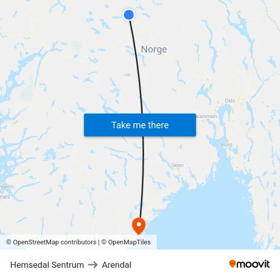 Hemsedal Sentrum to Arendal map