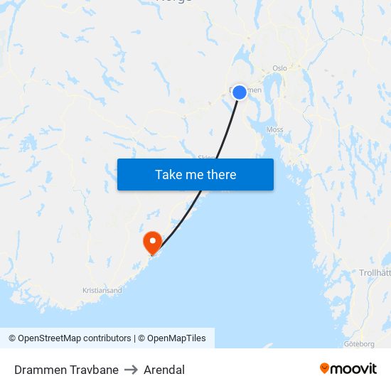 Drammen Travbane to Arendal map