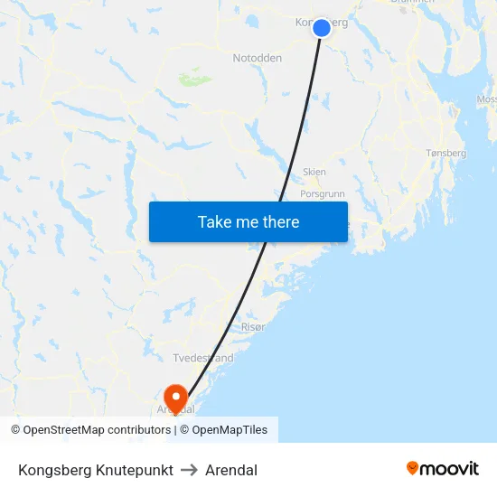 Kongsberg Knutepunkt to Arendal map