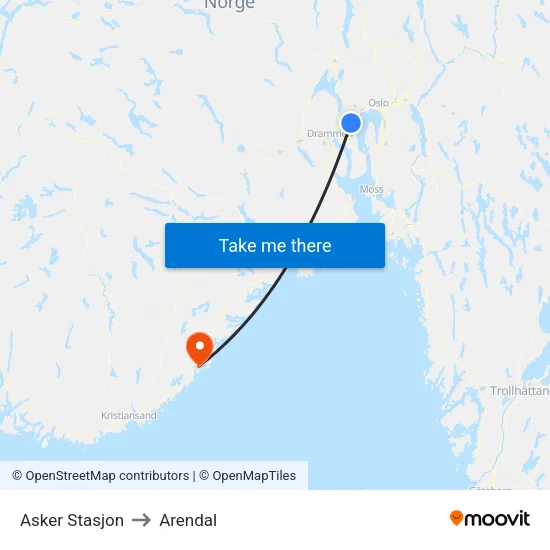 Asker Stasjon to Arendal map
