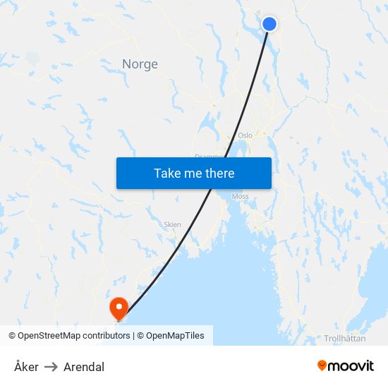 Åker to Arendal map