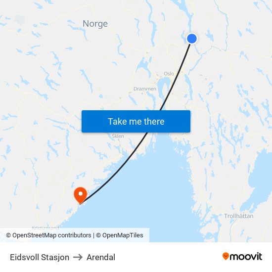 Eidsvoll Stasjon to Arendal map