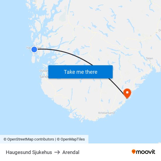 Haugesund Sjukehus to Arendal map