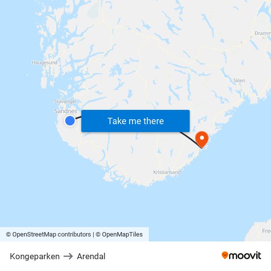 Kongeparken to Arendal map