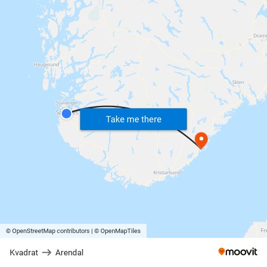 Kvadrat to Arendal map