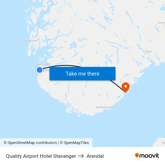 Quality Airport Hotel Stavanger to Arendal map