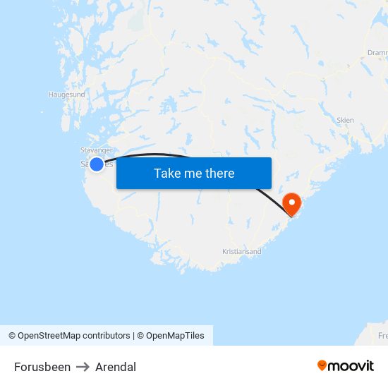 Forusbeen to Arendal map