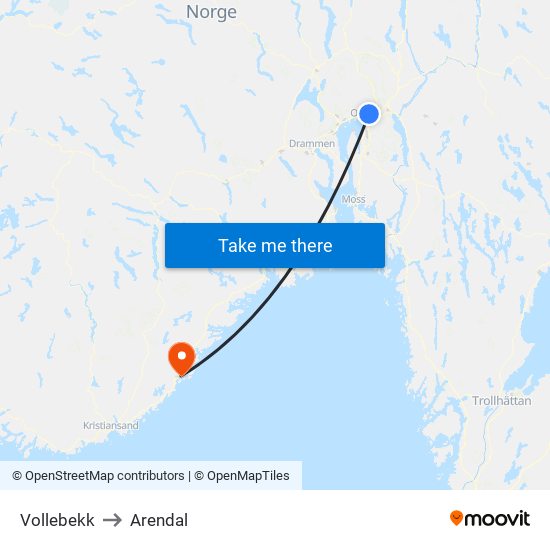 Vollebekk to Arendal map