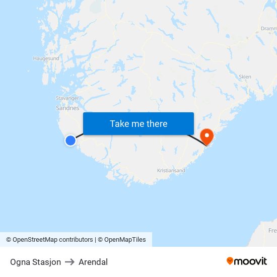 Ogna Stasjon to Arendal map