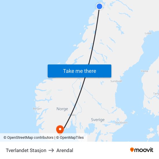 Tverlandet Stasjon to Arendal map