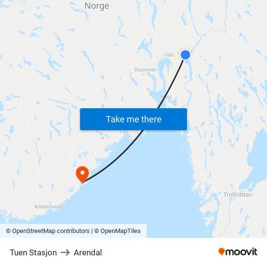 Tuen Stasjon to Arendal map