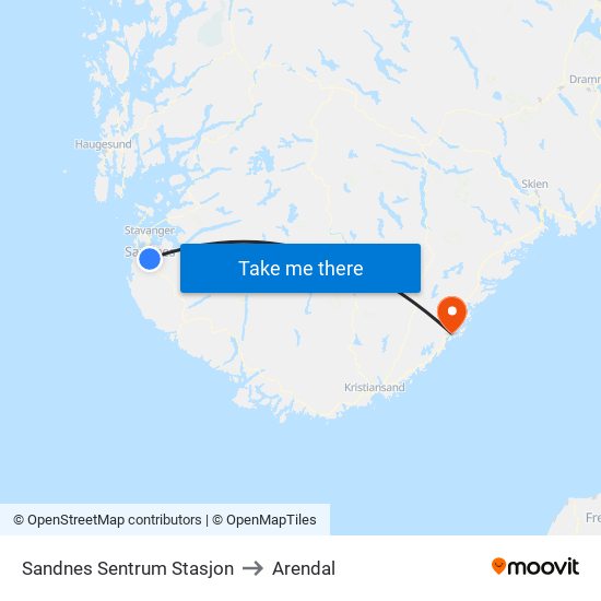 Sandnes Sentrum Stasjon to Arendal map