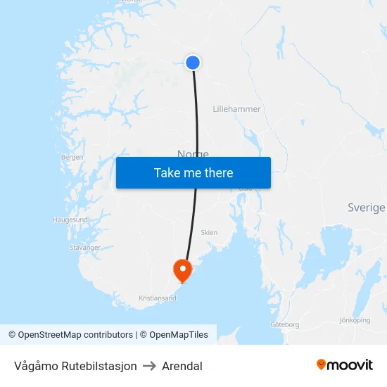 Vågåmo Rutebilstasjon to Arendal map