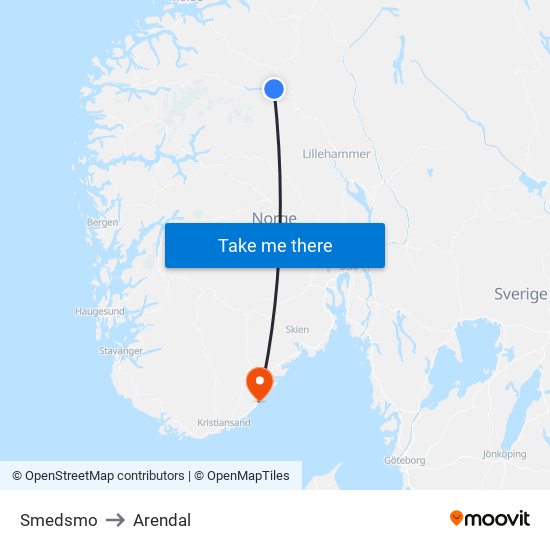 Smedsmo to Arendal map