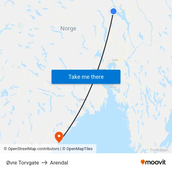 Øvre Torvgate to Arendal map