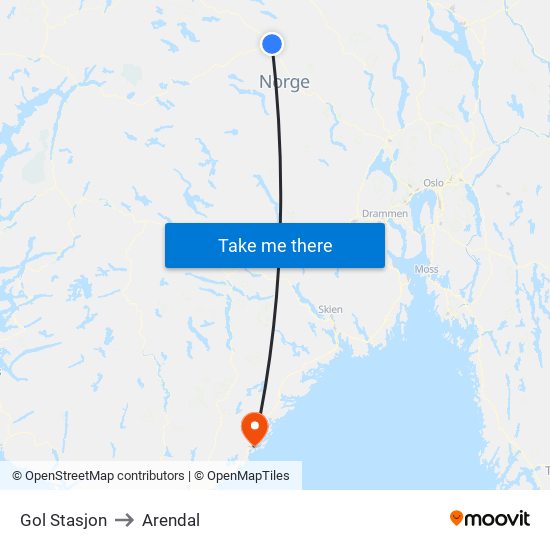 Gol Stasjon to Arendal map