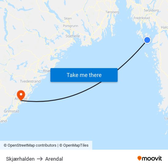 Skjærhalden to Arendal map