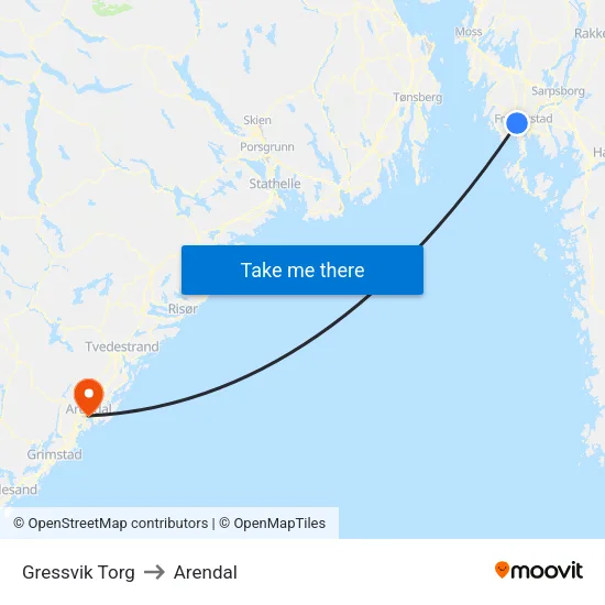 Gressvik Torg to Arendal map