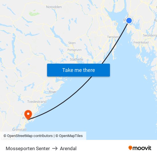 Mosseporten Senter to Arendal map