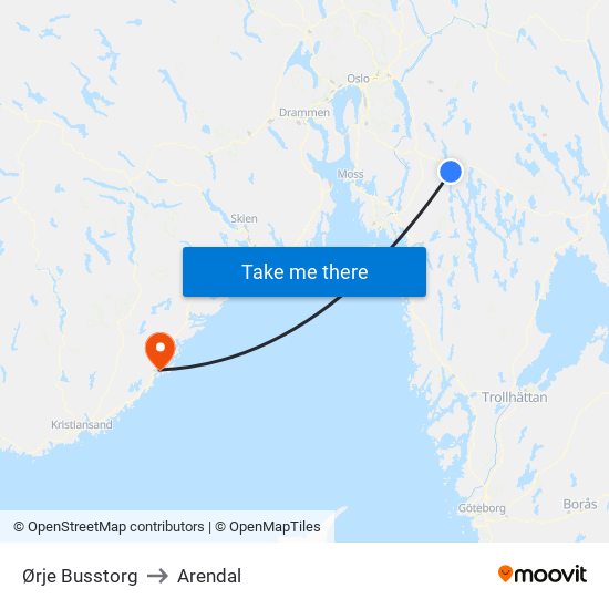 Ørje Busstorg to Arendal map