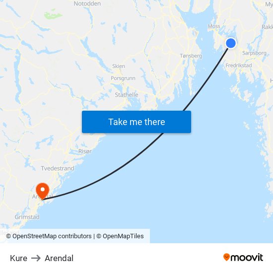 Kure to Arendal map