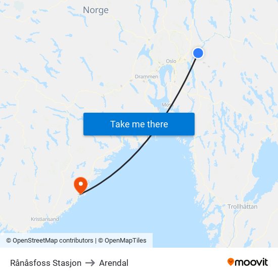 Rånåsfoss Stasjon to Arendal map