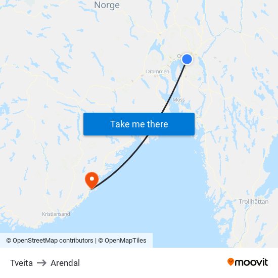 Tveita to Arendal map