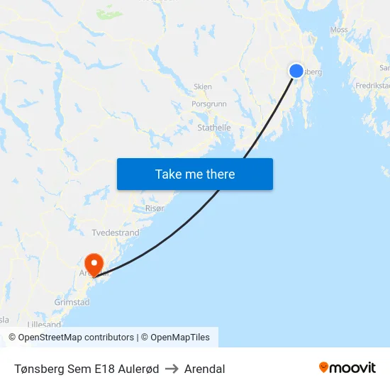 Tønsberg Sem E18 Aulerød to Arendal map