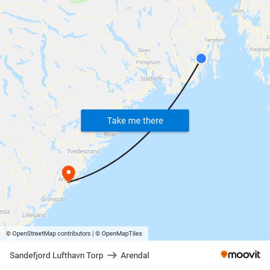 Sandefjord Lufthavn Torp to Arendal map