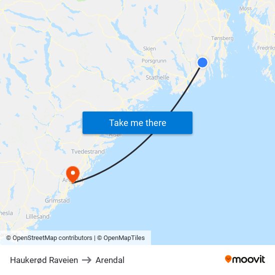 Haukerød Raveien to Arendal map