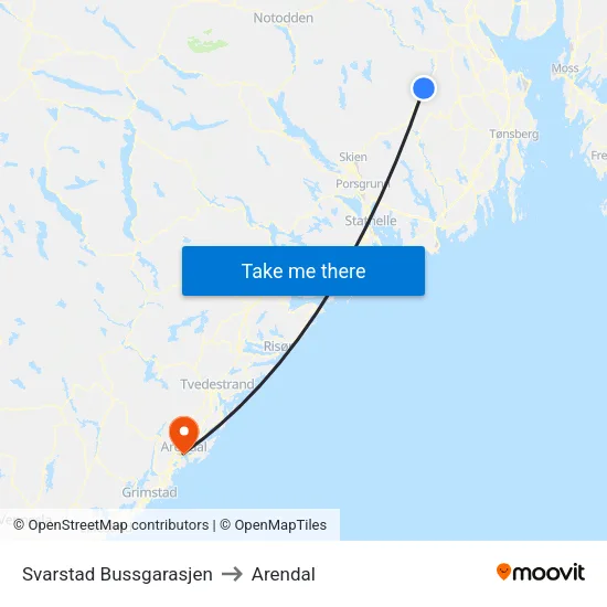 Svarstad Bussgarasjen to Arendal map