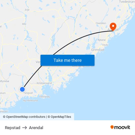 Repstad to Arendal map