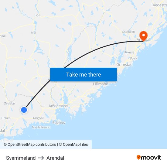 Svemmeland to Arendal map