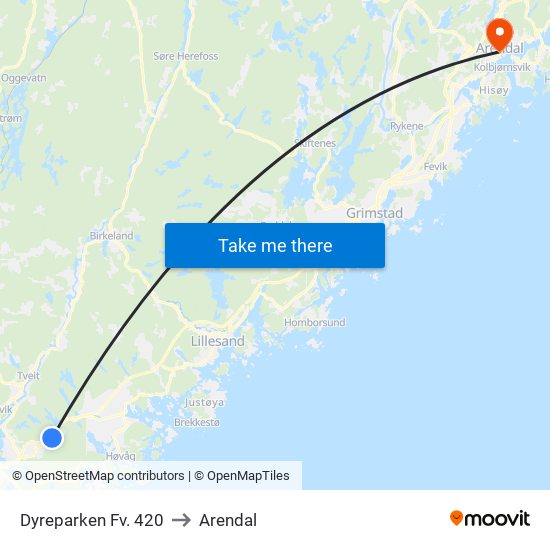 Dyreparken Fv. 420 to Arendal map
